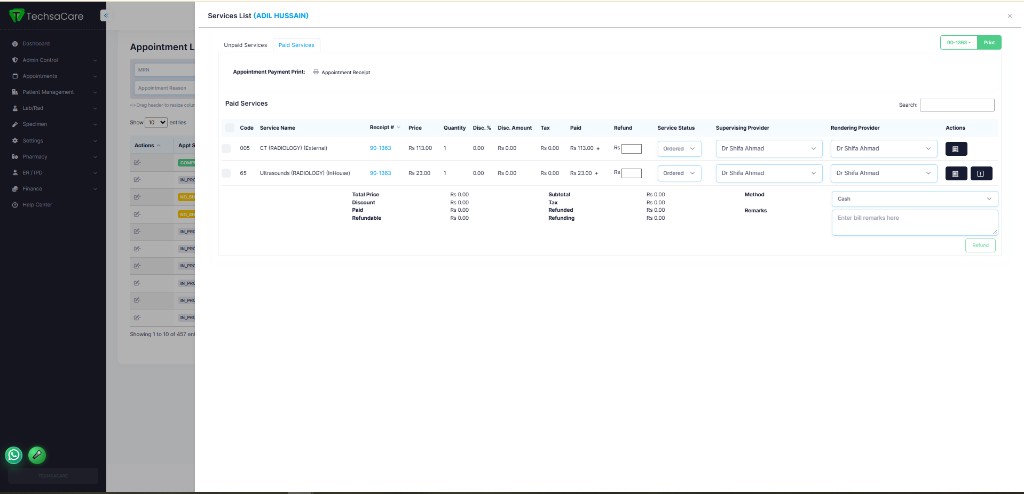 TechsaCare EHR Services List with visit billing totals and print actions