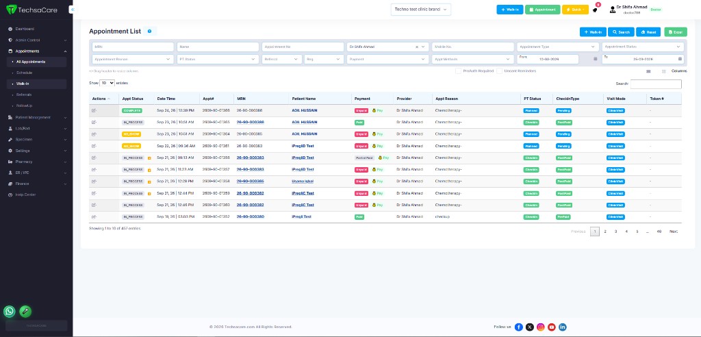 TechsaCare EHR Appointment List showing day schedules and visit status