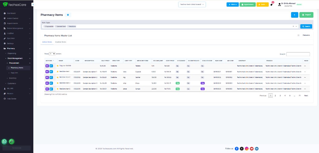 TechsaCare EHR Pharmacy Items screen with stock filters and medicine catalog