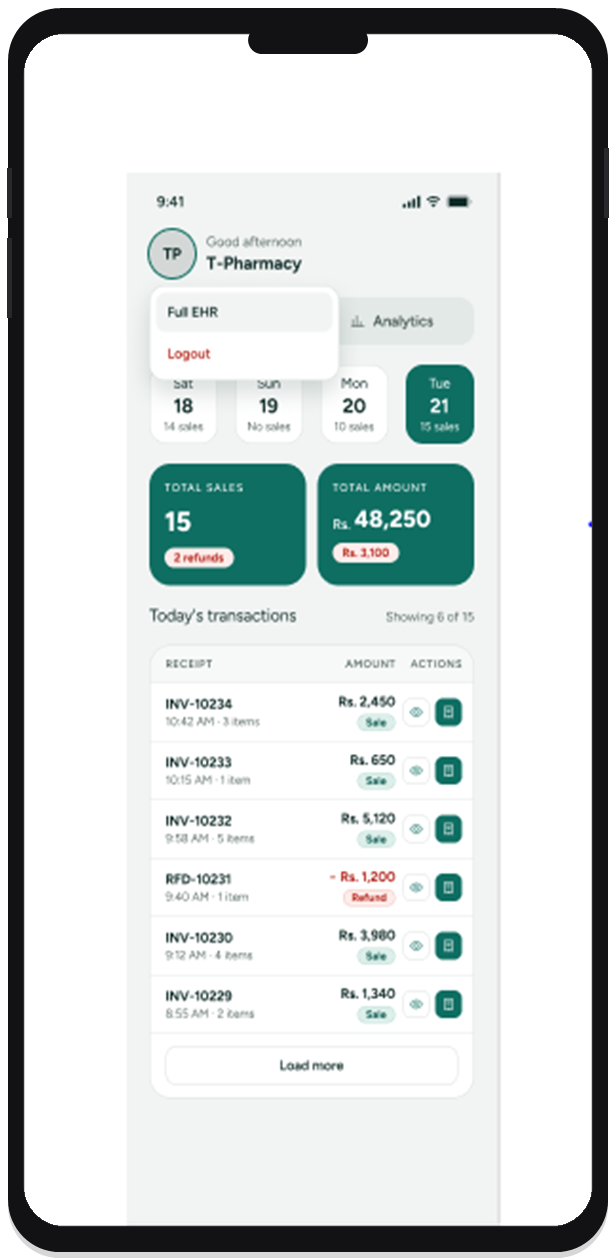 Pharmacy app account menu
