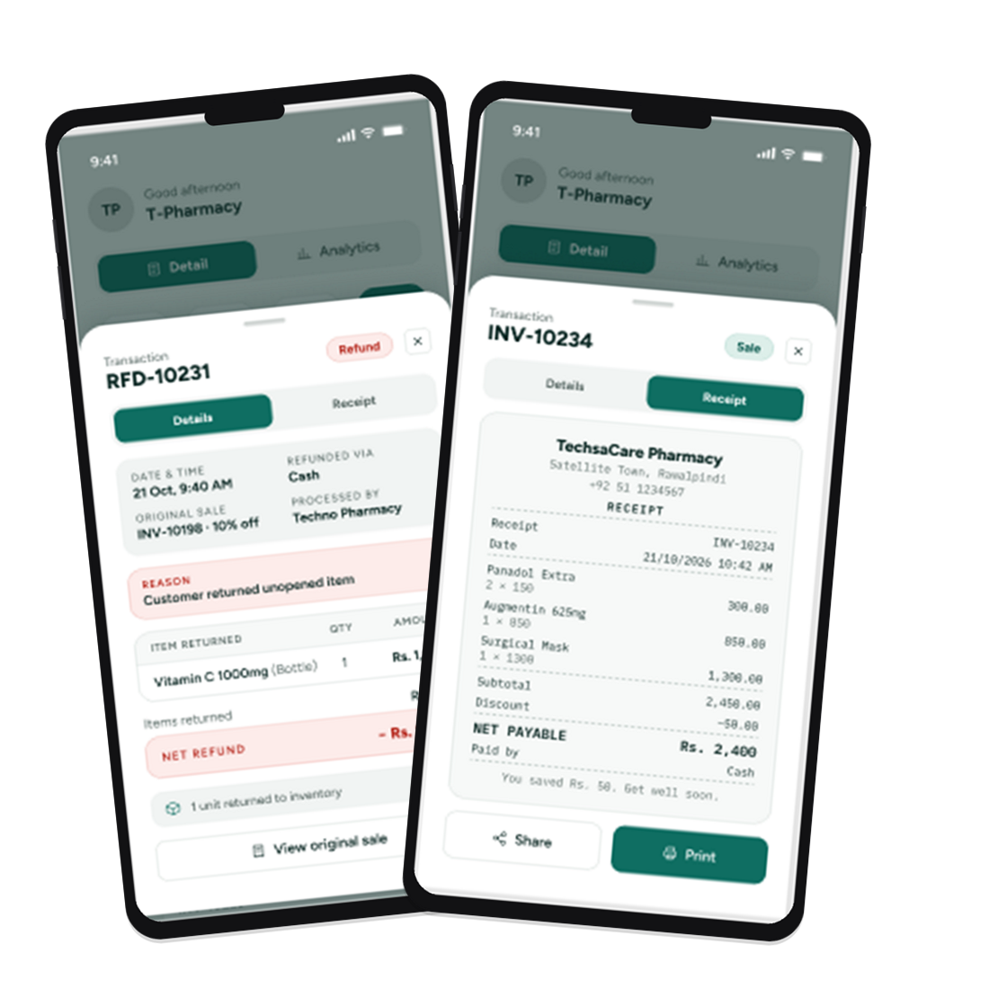 Refund detail and receipt screens