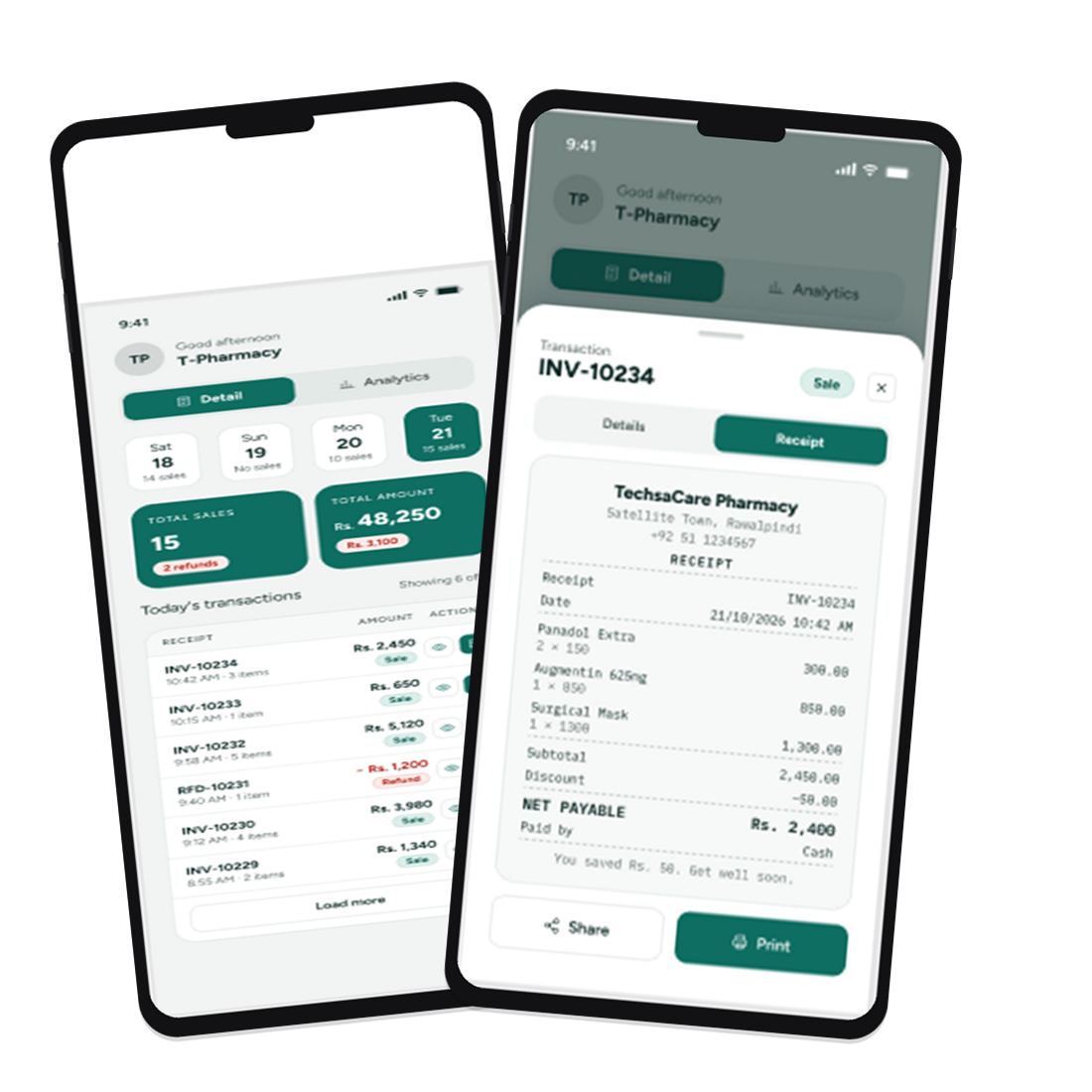 Sales and receipt screens