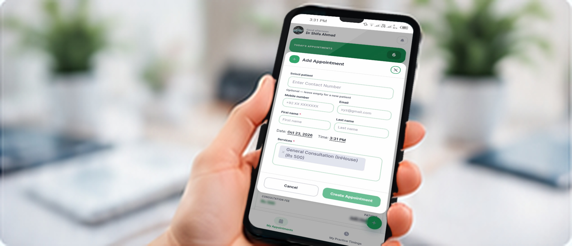 Hand holding a phone that shows the Add Appointment form